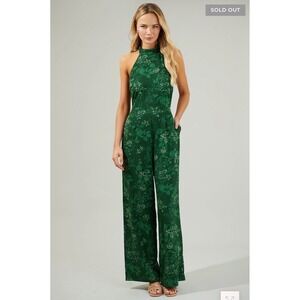 Sugarlips Womens Green Floral Halter Neck Wide Leg Jumpsuit XS Green Sleeveless
